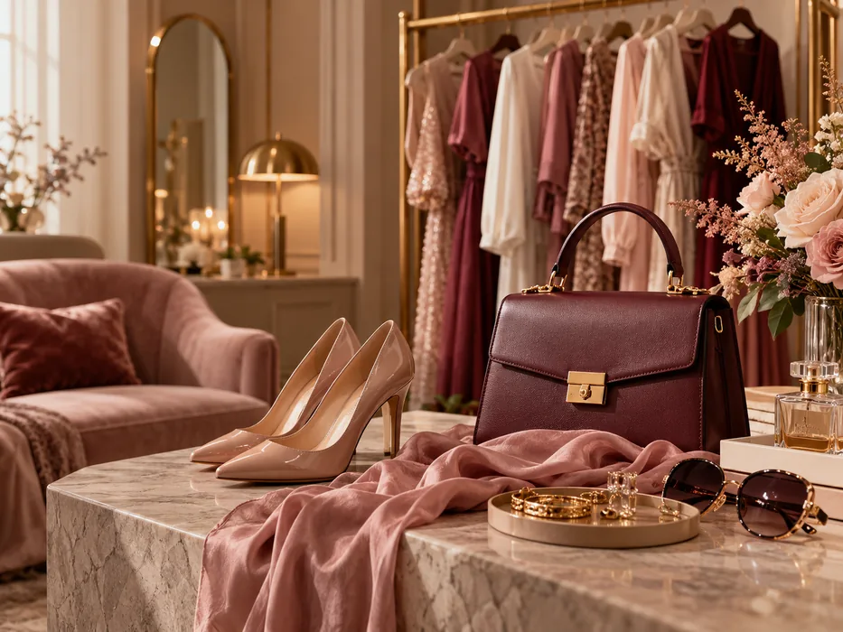 Bolsas, calçados e peças de moda em ambiente elegante